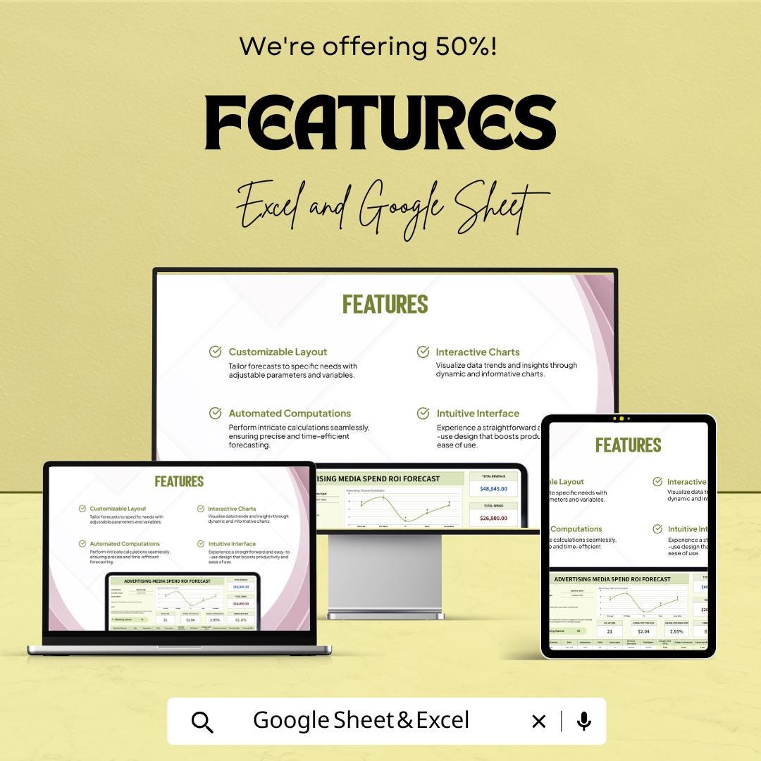 Media Spend ROI Forecast Sheet | Excel & Google Sheets | Advertising ROI Calculator | Campaign Budget Tracker | Marketing Spend Planner