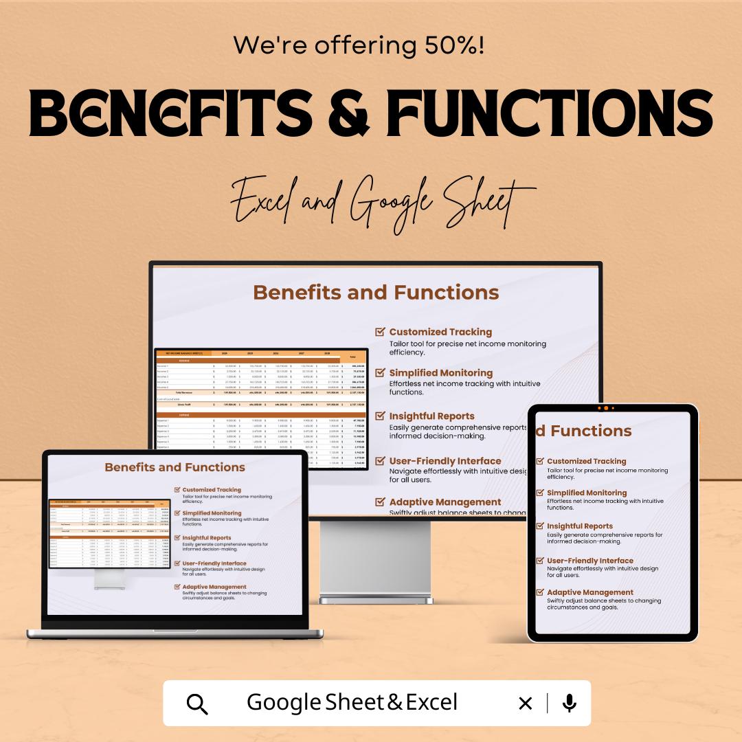Net Income Balance Sheet | Excel & Google Sheet Template | Revenue, Expense, and Profit Tracker