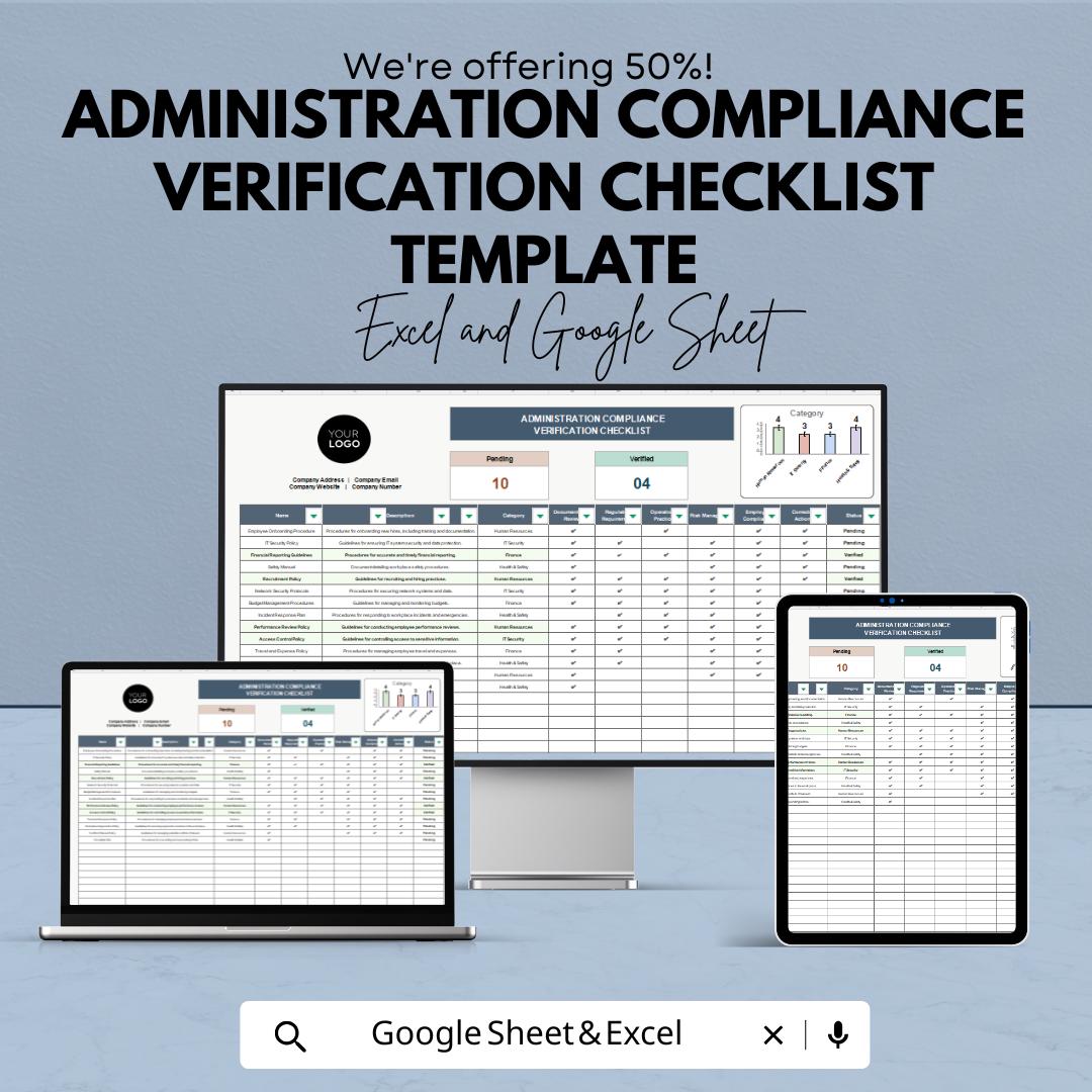 Administration Compliance Verification Checklist Template | Regulatory Compliance Tracker |  Audit Verification Tool