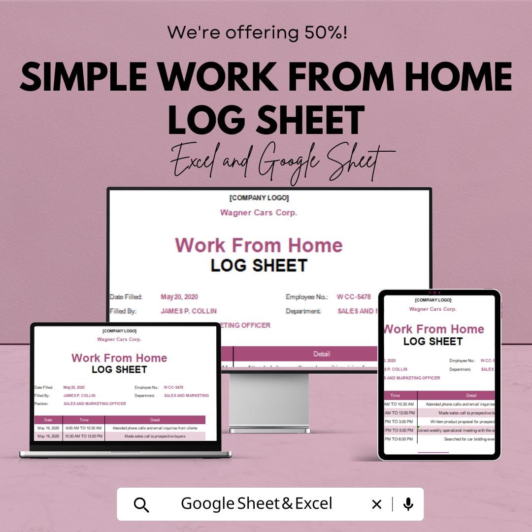 Simple Work from Home Log Sheet Template | Track Daily Work Hours and Activities | Google Sheet & Excel File | Work Log for Remote Jobs