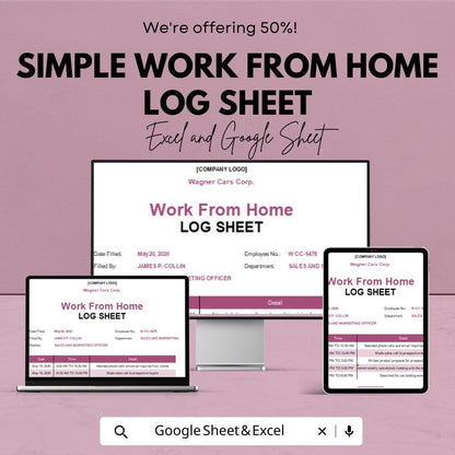 Simple Work from Home Log Sheet Template | Track Daily Work Hours and Activities | Google Sheet & Excel File | Work Log for Remote Jobs