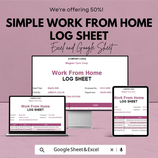 Simple Work from Home Log Sheet Template | Track Daily Work Hours and Activities | Google Sheet & Excel File | Work Log for Remote Jobs