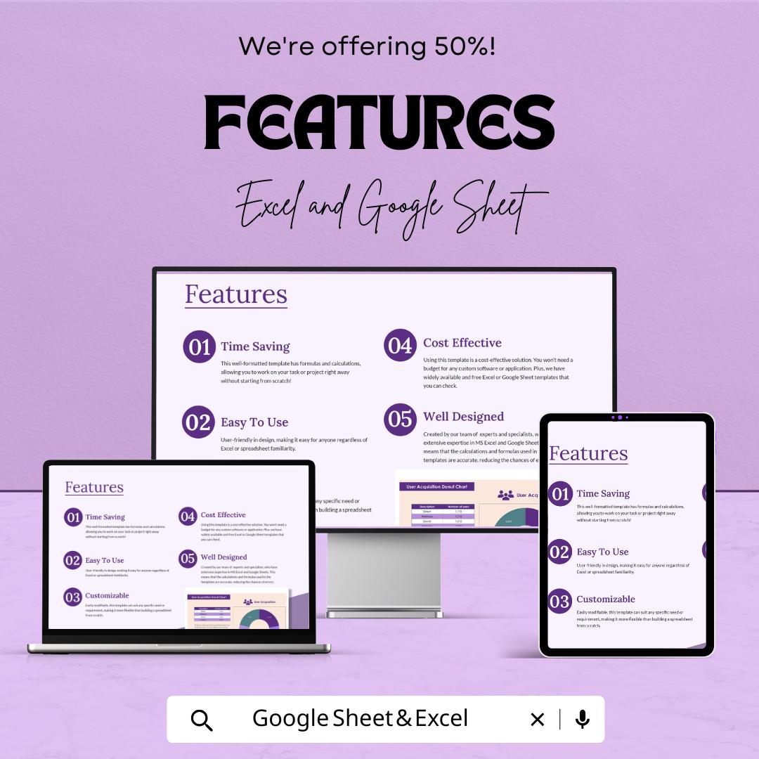 User Acquisition Donut Chart Sheet - Excel and Google Sheets Template | Track Direct, Referral & Organic Sources