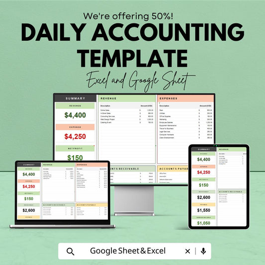 Daily Accounting Template | Excel & Google Sheets | Expense Tracker | Revenue Tracker | Cash Flow Template | Small Business Accounting