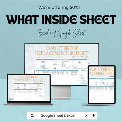 Countertop Replacement Budget Sheet | Kitchen Remodel Cost Tracker | Excel & Google Sheets | Renovation Estimate Template