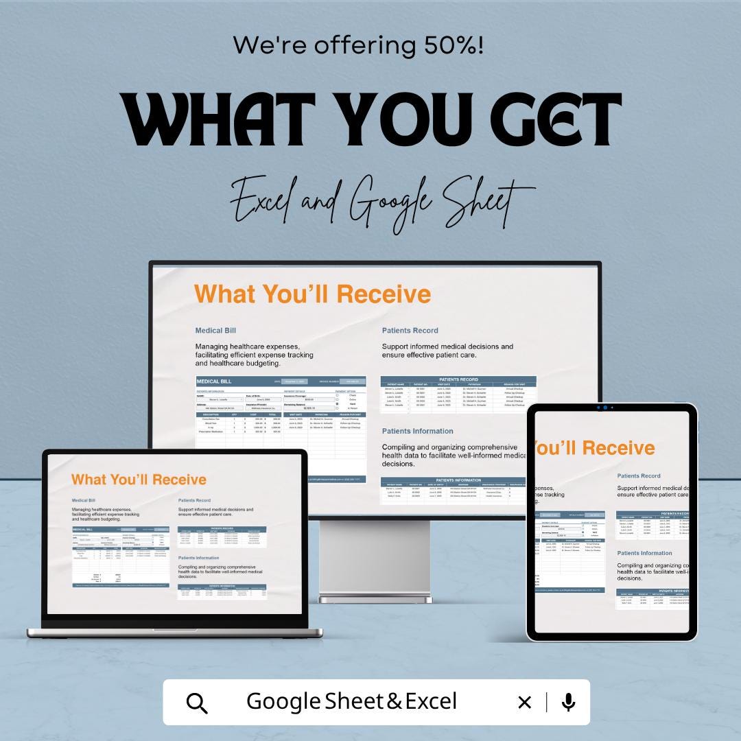 Medical Bill Template Excel Google Sheets | Healthcare Expense Tracker | Patient Billing Spreadsheet | Medical Invoice Template |