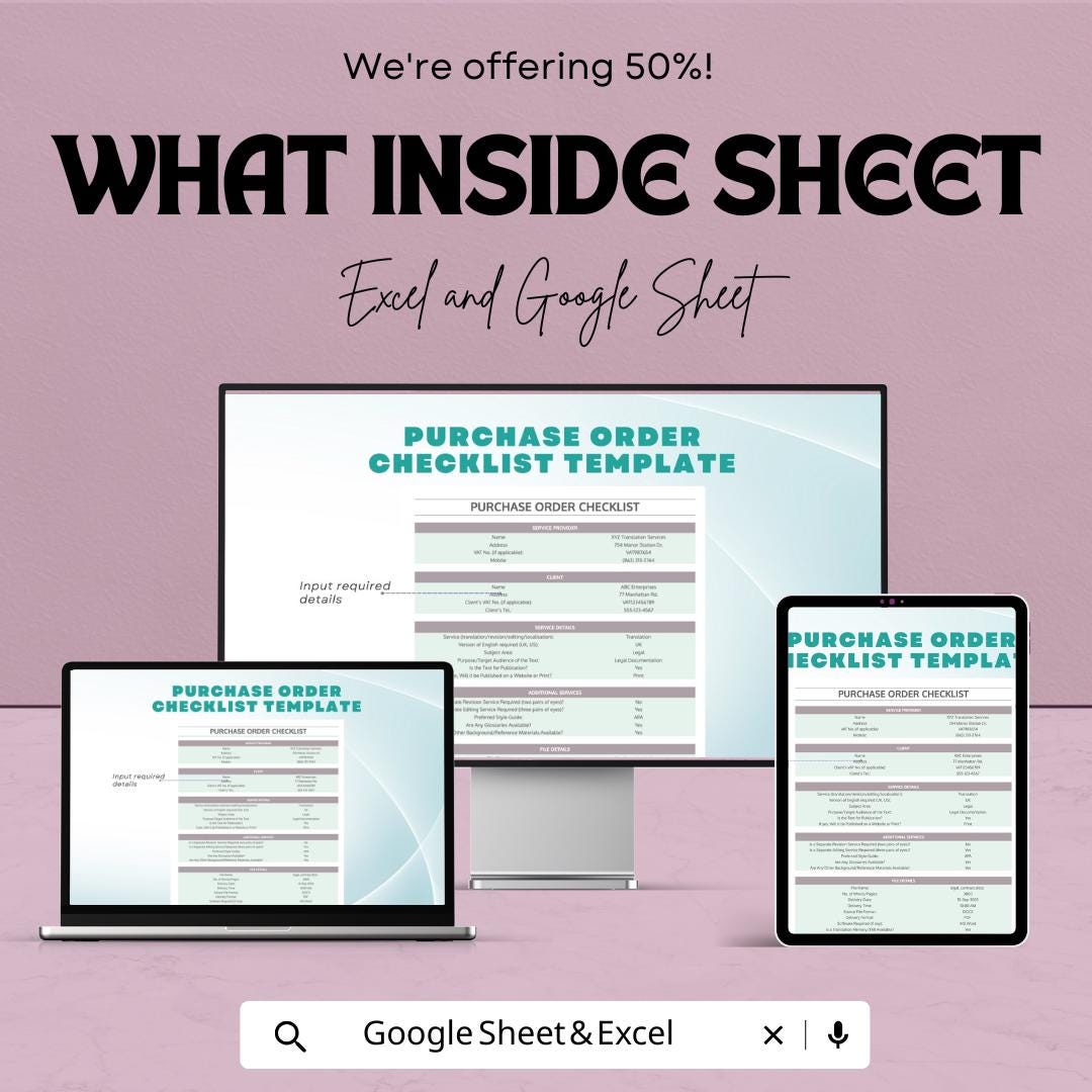 Purchase Order Checklist Template | Google Sheets & Excel | Procurement Form | Order Tracking Sheet | Editable Instant Download