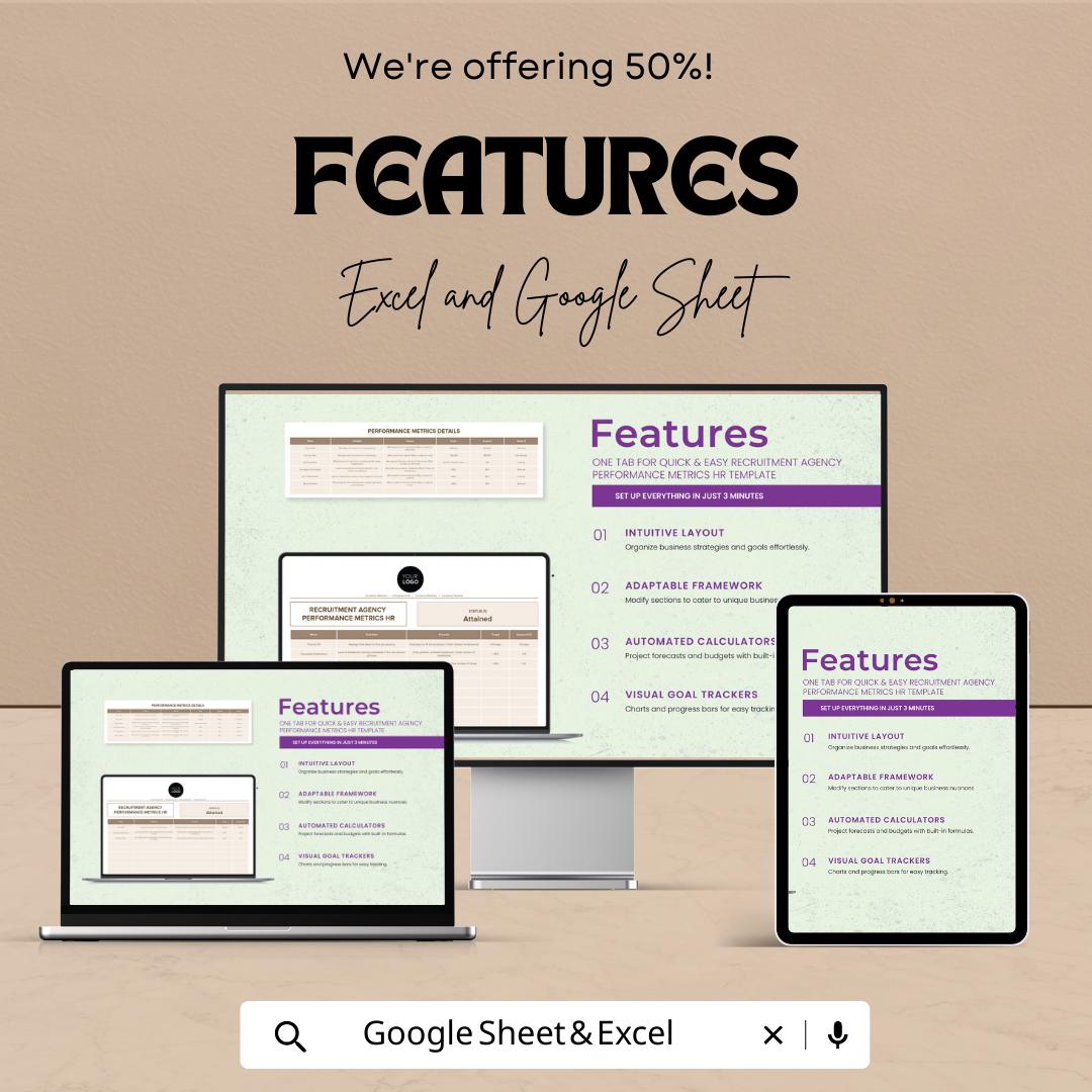 Recruitment Agency Performance Metrics HR Template , Recruitment KPI Tracker, HR Performance Dashboard, Hiring Metrics Spreadsheet