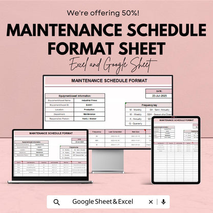 Maintenance Schedule Format Sheet | Printable Maintenance Tracker | Google Sheets Template | Task Scheduling | Customizable Maintenance