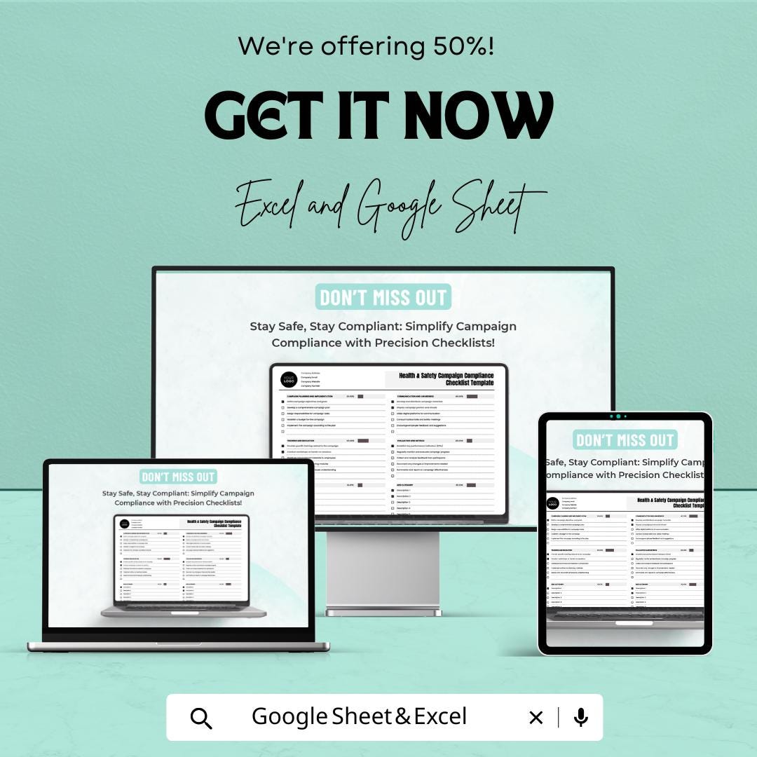 Health and Safety Compliance Checklist, Safety Campaign Tracker, Workplace Safety Template, OSHA Checklist, Google Sheets & Excel