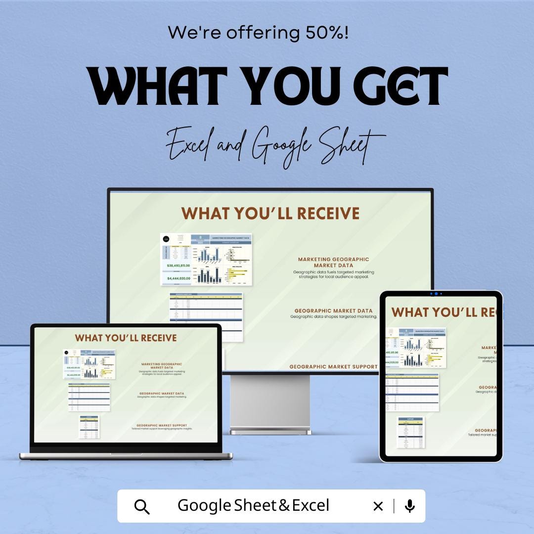 Marketing Geographic Market Data Sheet - Excel and Google Sheets Template for Market Analysis, Revenue & Spend Tracker