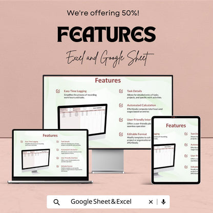 Basic Timesheet Template | Excel and Google Sheets | Employee Work Hours Tracker | Project Task Time Log | Payroll Timesheet Sheet