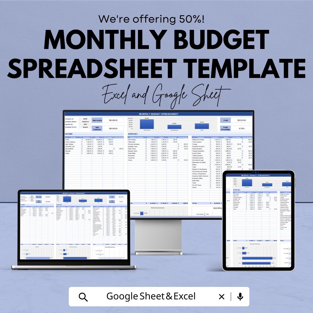 Monthly Budget Spreadsheet Template | Monthly Budget Planner | Excel and Google Sheets Expense Tracker | Personal & Business Budget Tool