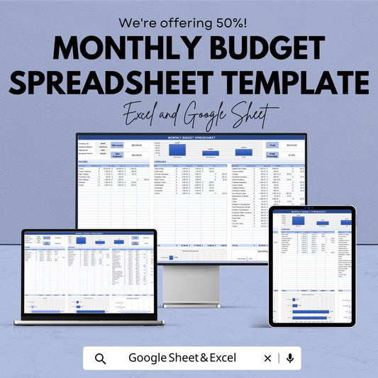 Monthly Budget Spreadsheet Template | Monthly Budget Planner | Excel and Google Sheets Expense Tracker | Personal & Business Budget Tool