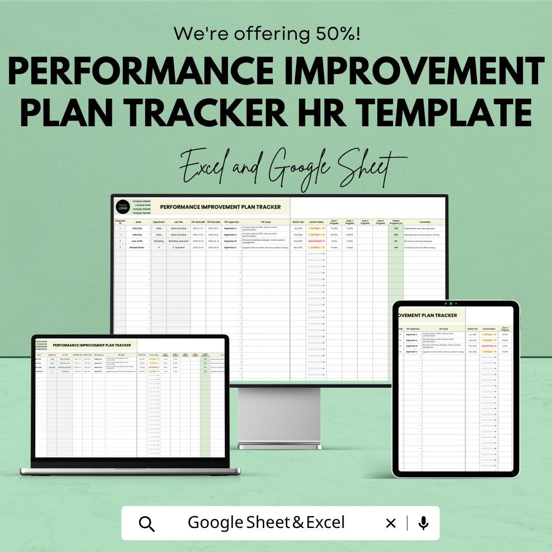 Performance Improvement Plan Template | HR Tracker Spreadsheet | Employee Performance Tracker | HR Management Tool