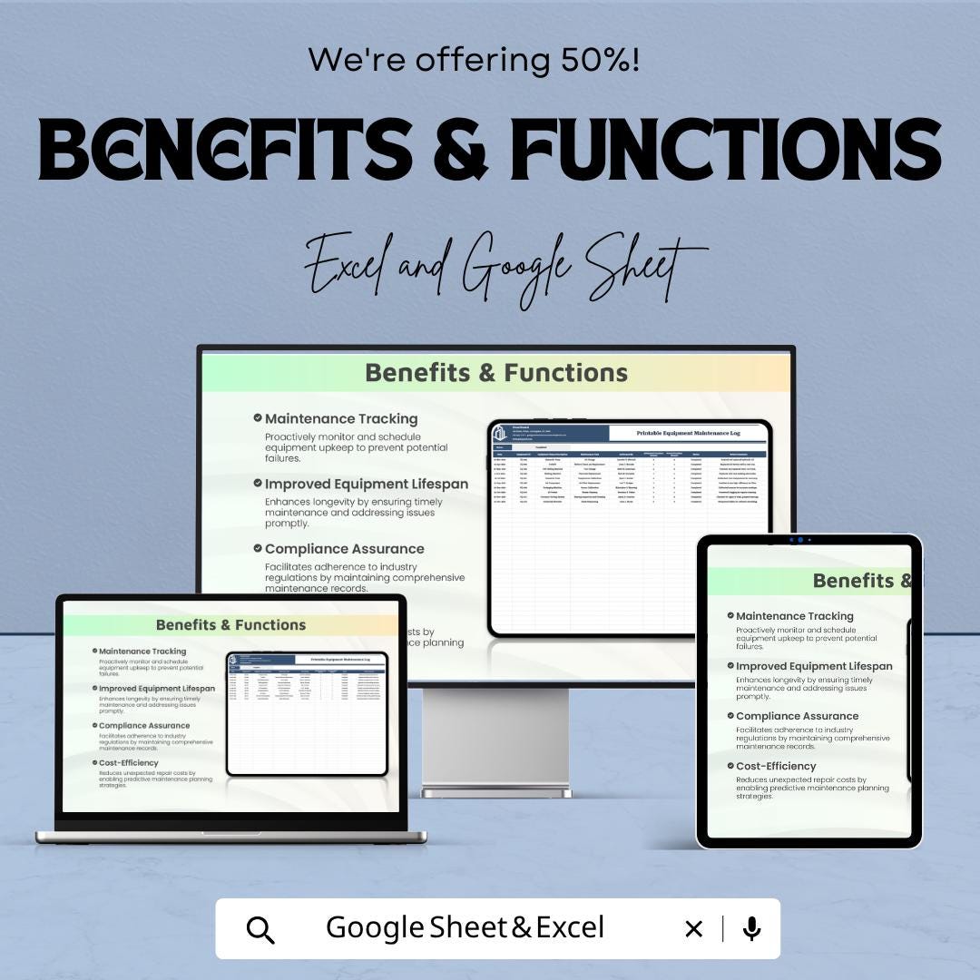 Equipment Maintenance Log Template | Preventive Maintenance Checklist | Maintenance Record Sheet | Excel & Google Sheets | Equipment Service