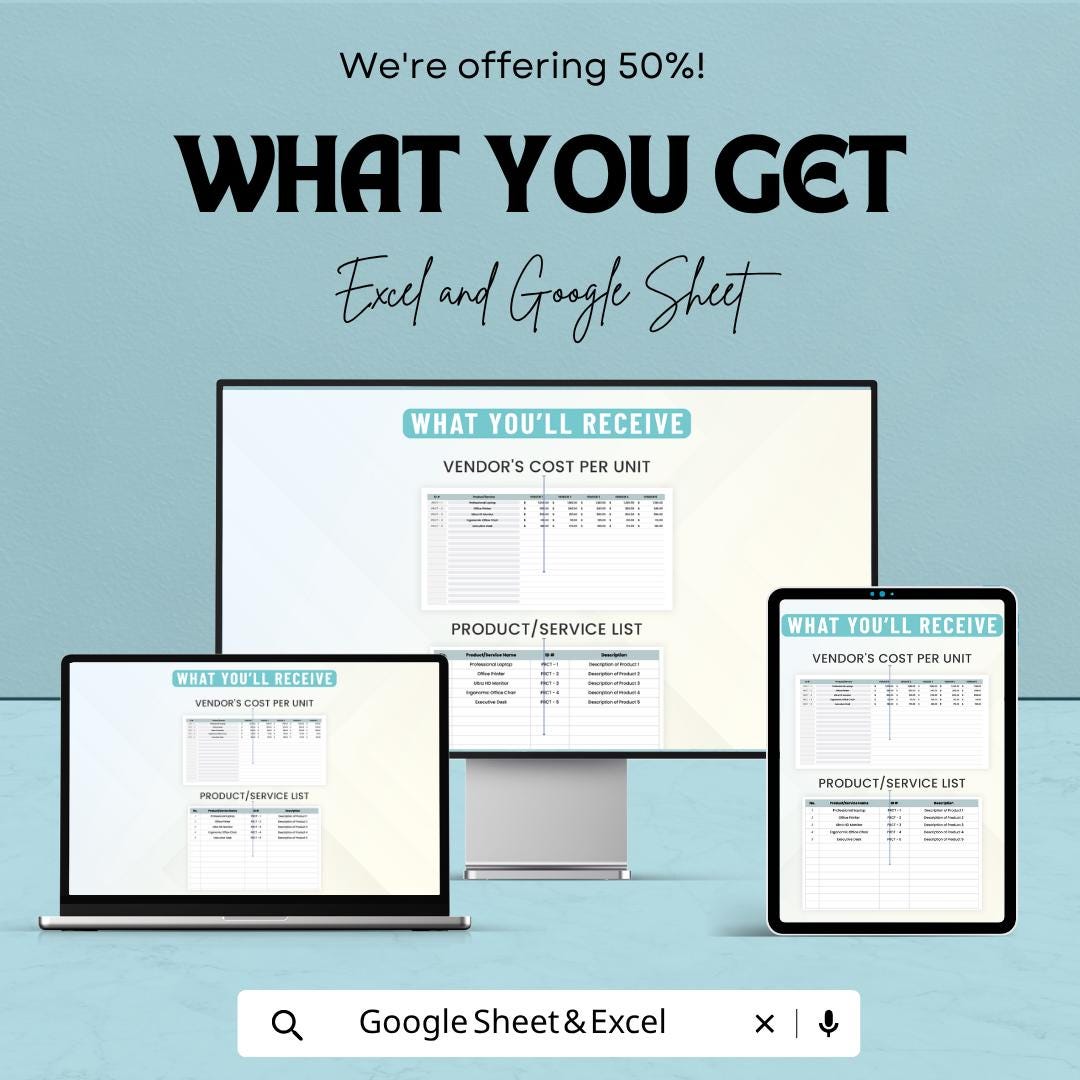 Operations Vendor Cost Comparison Template | Supplier Price Analysis Spreadsheet | Procurement Budget Tracker | Vendor Evaluation Sheet |