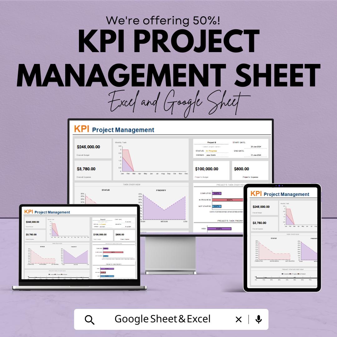 KPI Project Management Sheet | Excel and Google Sheets Dashboard | Task, Budget & Expense Tracker | Business Metrics and Strategy Planner