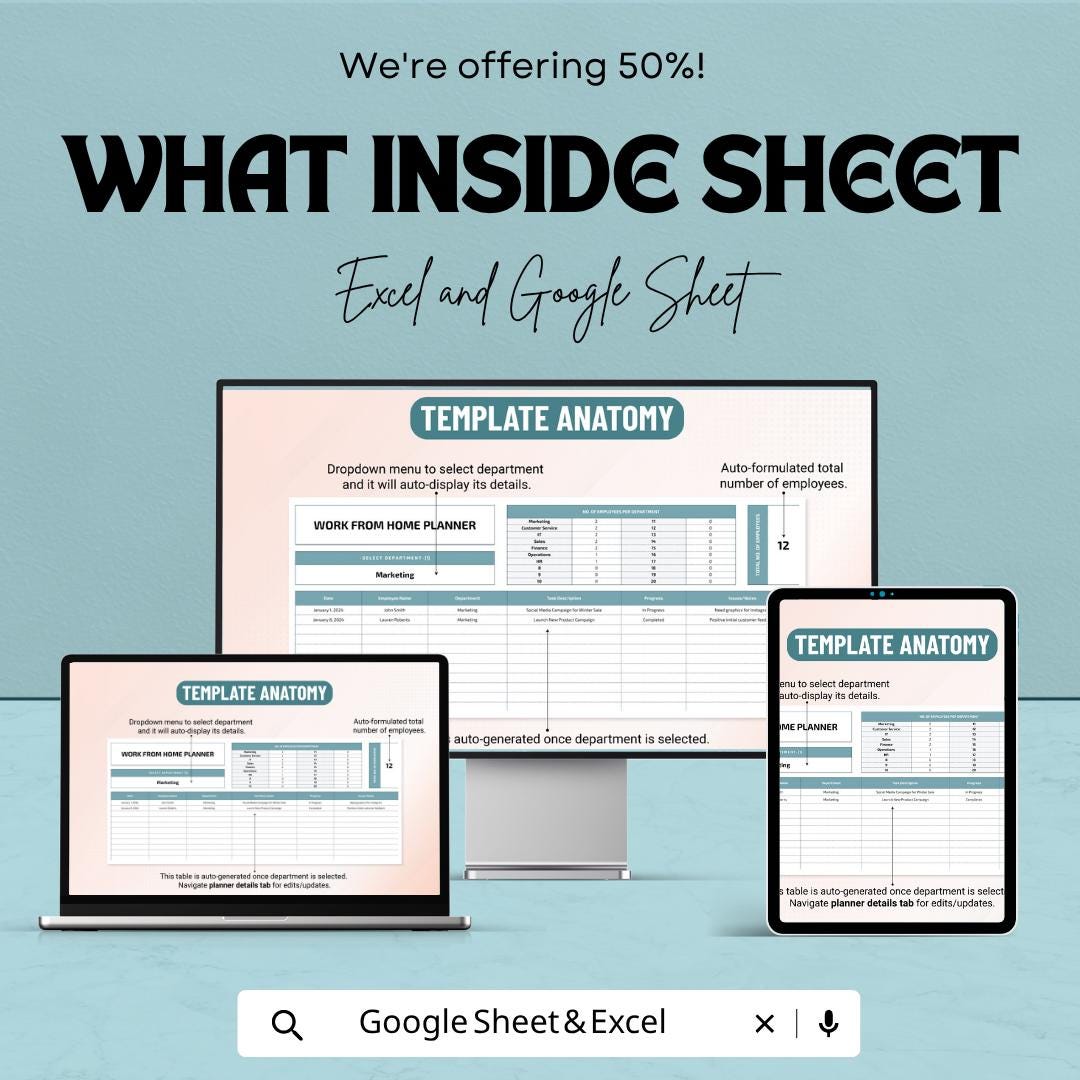 Work From Home Planner Template | Daily Productivity Planner | Remote Work Organizer | Excel & Google Sheets | Task and Schedule Tracker