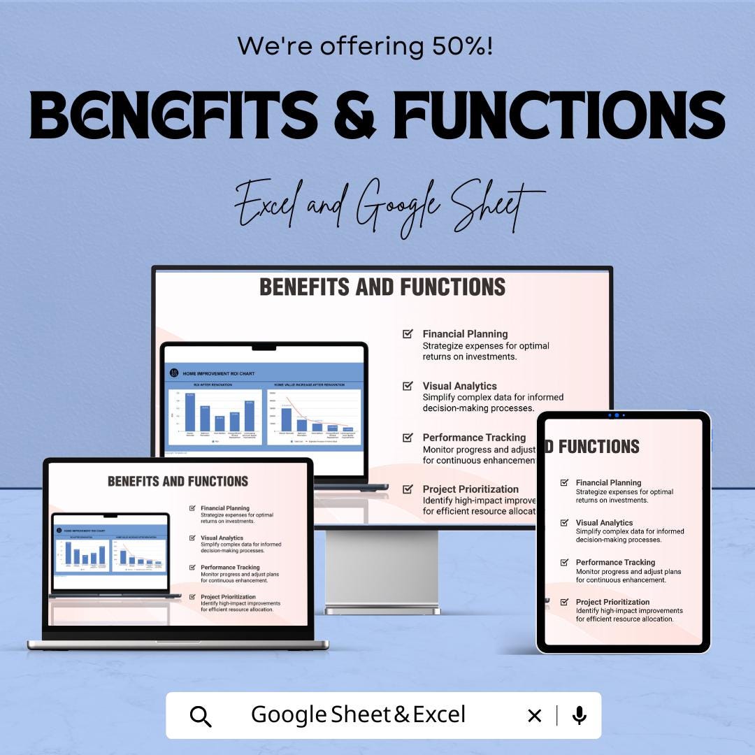 Home Improvement ROI Chart Sheet for Excel & Google Sheets - 50% Off - Track Your Renovation Returns