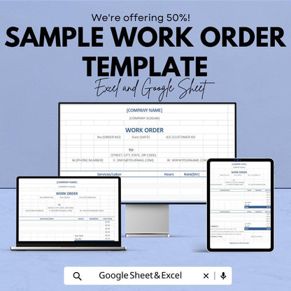 Sample Work Order Template | Service Invoice Sheet | Editable Excel & Google Sheets Work Order | Business Work Request Form
