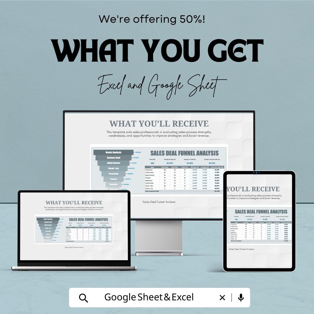 Sales Deal Funnel Analysis Template | Excel & Google Sheets Sales Pipeline Tracker | Conversion Rate Dashboard | Sales Performance Report