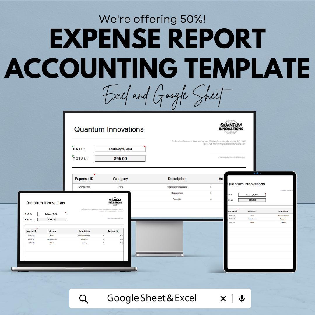 Expense Report Accounting Template | Expense Tracker Spreadsheet | Business Expense Log | Automated Calculations | Finance Template
