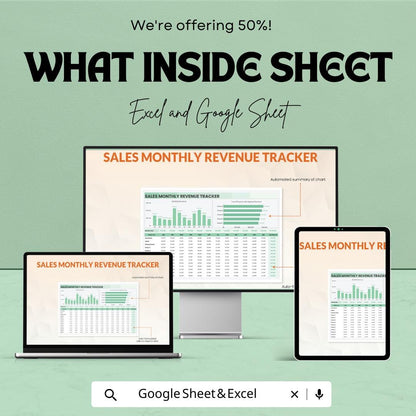 Sales Monthly Revenue Tracker Template | Excel & Google Sheets | Business Income Tracker | Monthly Sales Dashboard | Finance Planner