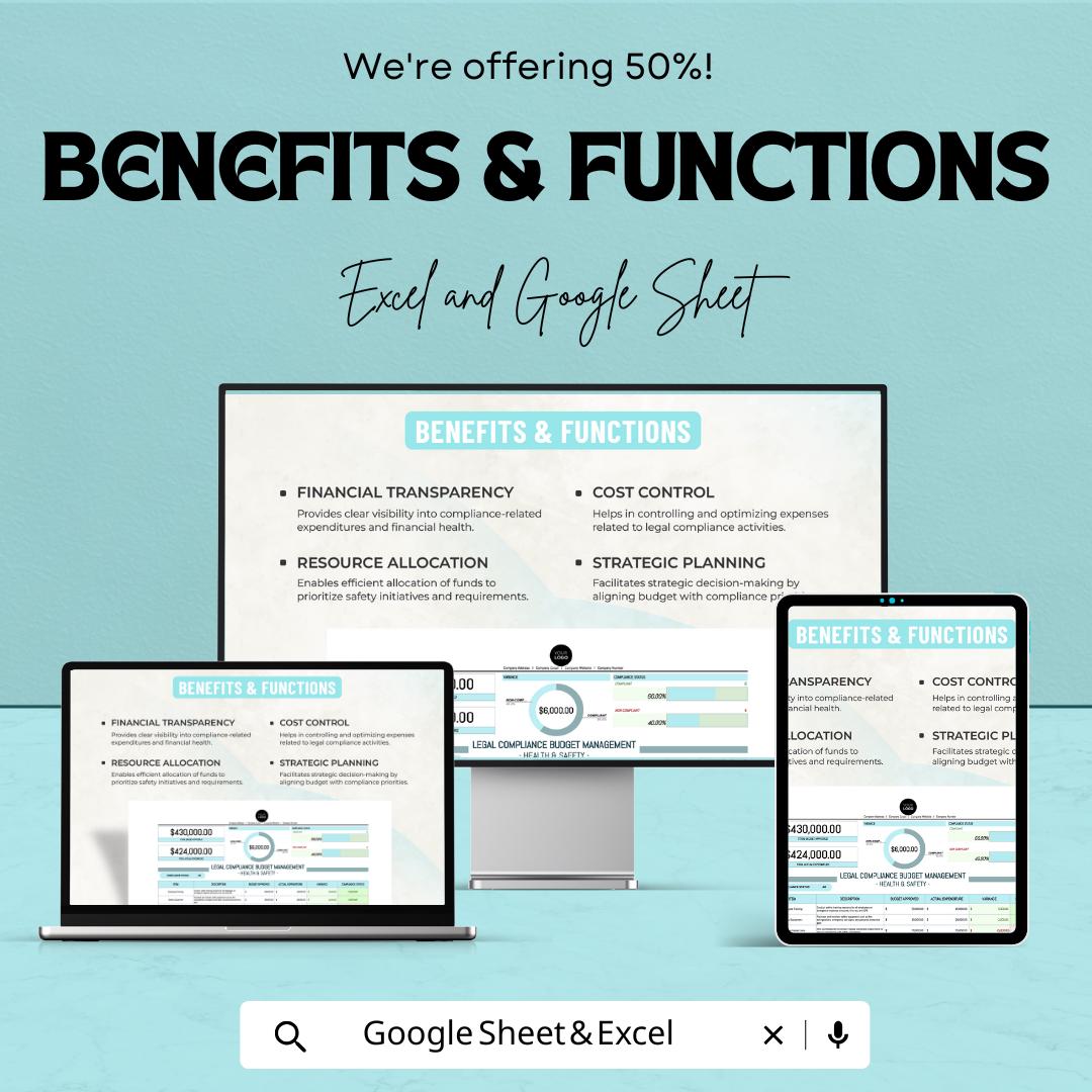 Health & Safety Legal Compliance Budget Management Sheet - Excel and Google Sheets Template for Compliance Tracking and Budget Management