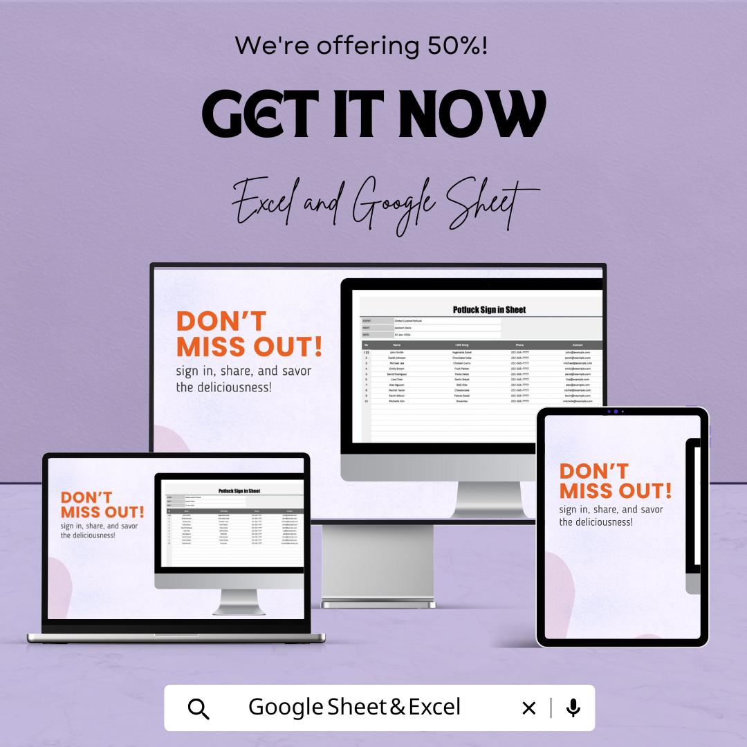 Potluck Sign In Sheet Template for Excel AND Google Sheets | Editable Food List Tracker | Event Signup & Meal Planner