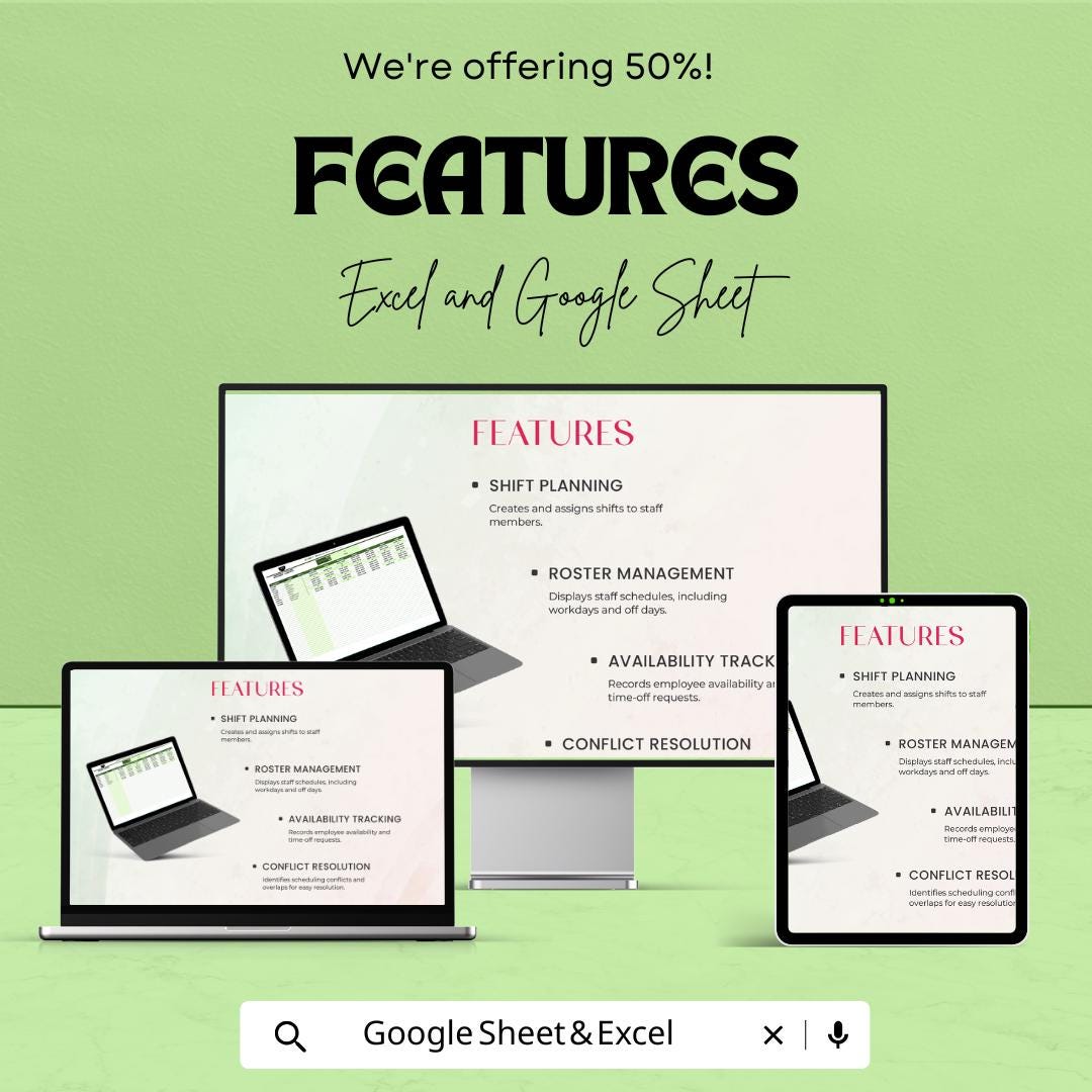 Administration Staff Roster and Shift Schedule Template | Excel & Google Sheets | Employee Work Schedule | Staff Shift Planner