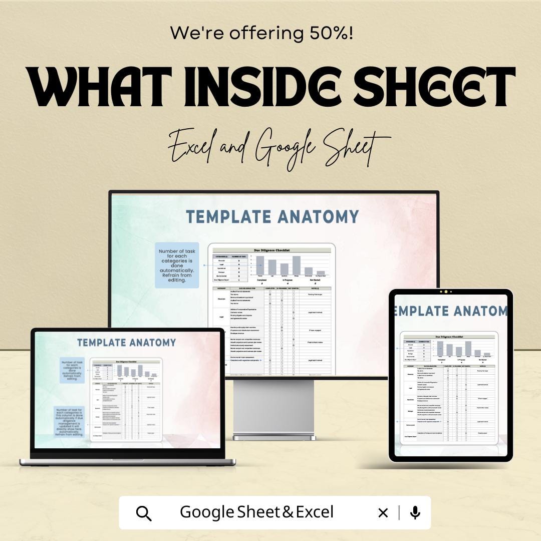 Due Diligence Checklist Template for Excel & Google Sheets - Business Task Management, Easy Tracking, Due Diligence Audit