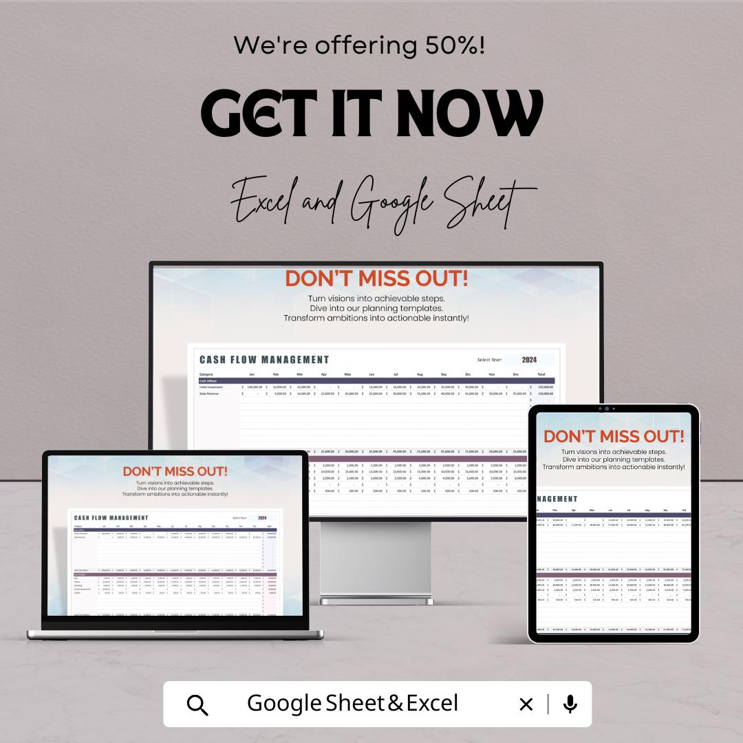 Cash Flow Management Template | Cash Flow Spreadsheet | Business Finance Tracker | Excel & Google Sheets | Cash Inflow Outflow Planner