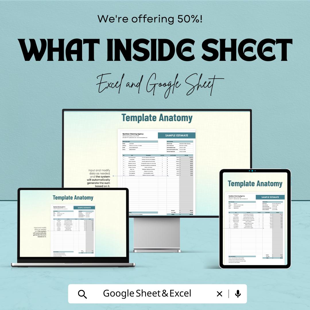 Sample Estimate Template Sheet - Editable Estimate Sheet for Excel and Google Sheets, Business Estimate Template, Professional Estimate |