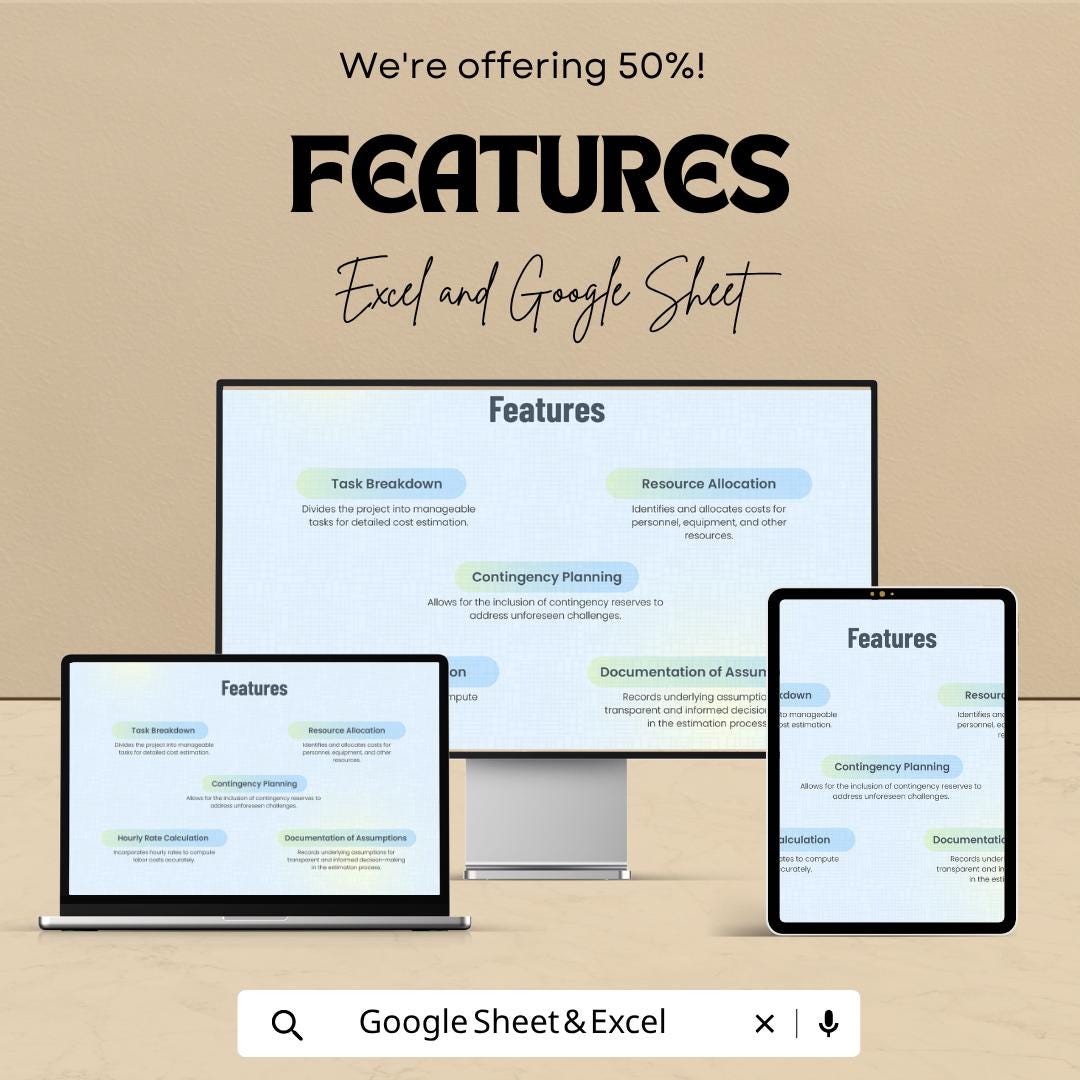 Project Cost Estimate Template | Cost Estimator Spreadsheet | Project Budget Planner | Construction Estimate | Excel & Google Sheets |