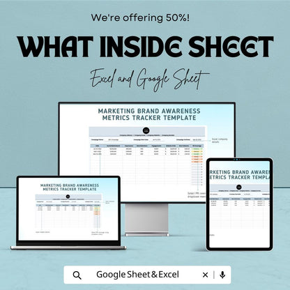 Marketing Brand Awareness Tracker, Campaign Metrics Spreadsheet, Social Media KPI Tracker, Marketing Dashboard