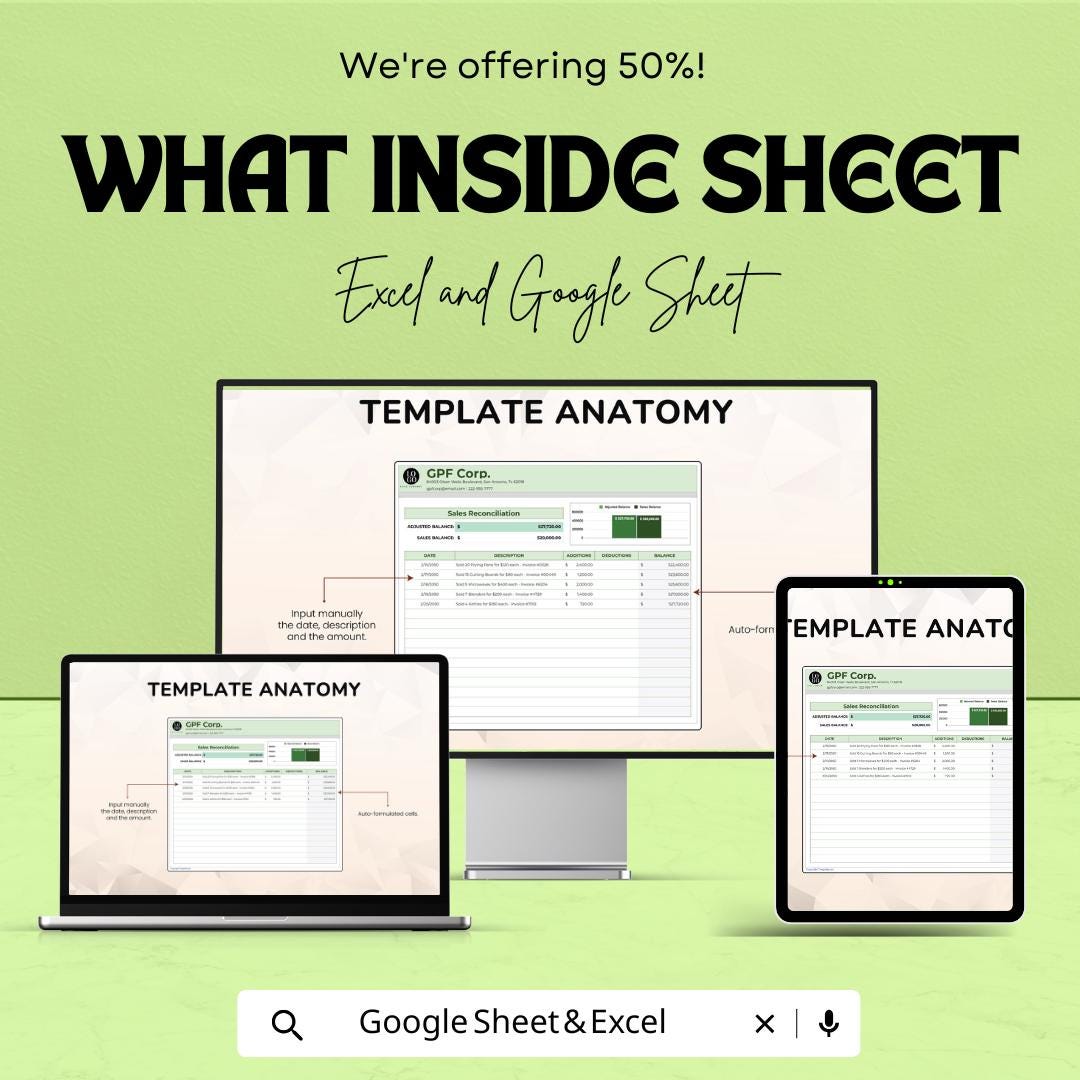 Sales Reconciliation Sheet Template for Excel and Google Sheets | Financial Management Spreadsheet | Track Sales, Additions & Deductions |
