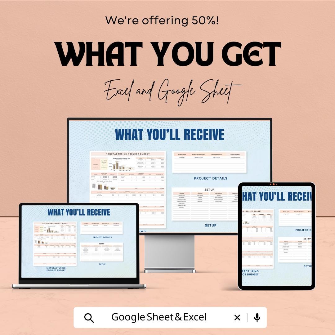 Manufacturing Project Budget Sheet | Excel and Google Sheets Template | Project Cost Management & Budget Tracking