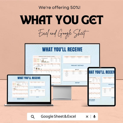 Manufacturing Project Budget Sheet | Excel and Google Sheets Template | Project Cost Management & Budget Tracking