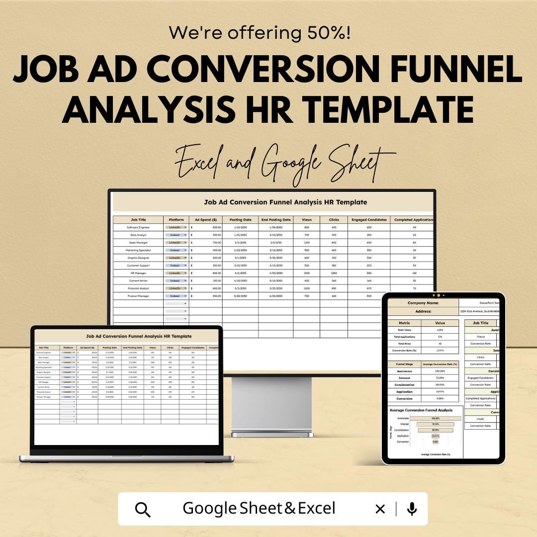 Job Ad Conversion Funnel Analysis HR Template | Hiring Funnel Dashboard | Recruitment Metrics | Excel & Google Sheets