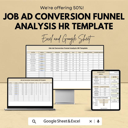 Job Ad Conversion Funnel Analysis HR Template | Hiring Funnel Dashboard | Recruitment Metrics | Excel & Google Sheets