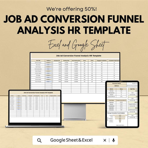 Job Ad Conversion Funnel Analysis HR Template | Hiring Funnel Dashboard | Recruitment Metrics | Excel & Google Sheets