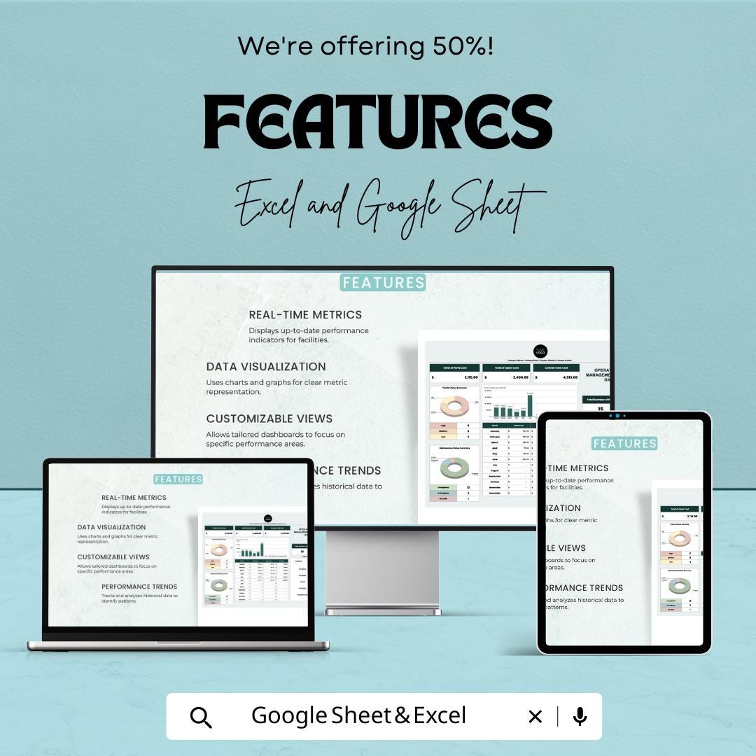 Facility Management Dashboard Template | Operations Performance Dashboard | Maintenance KPI Tracker | Excel & Google Sheets