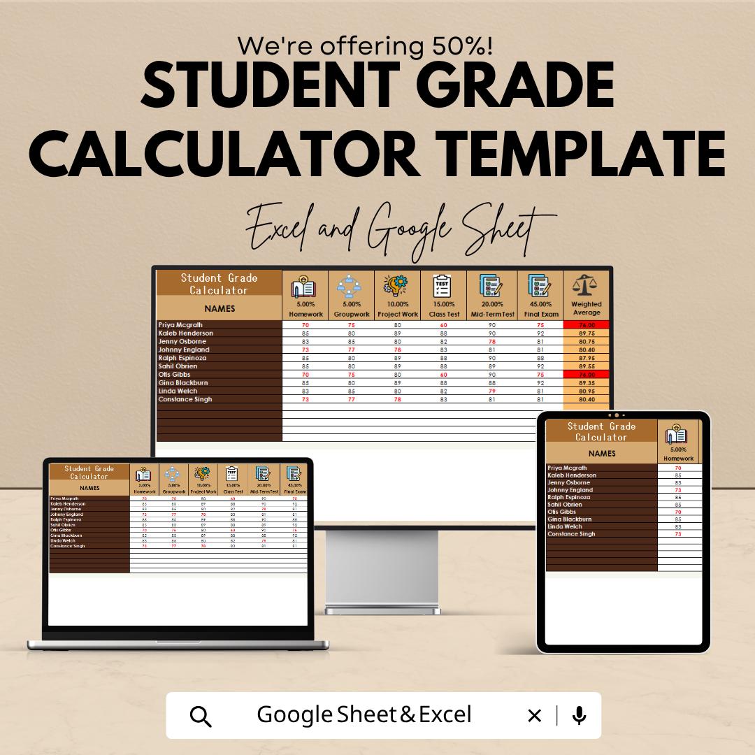 Student Grade Calculator Template | Grade Tracker Spreadsheet | GPA Calculator | Student Score Tracker