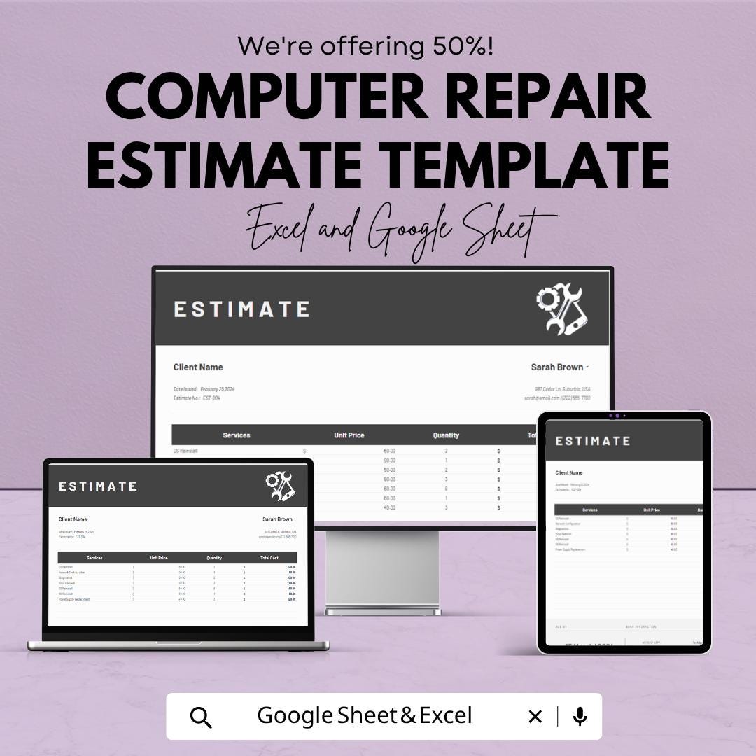 Computer Repair Estimate Template | Repair Invoice Template | IT Service Estimate Sheet |Service Cost Calculator