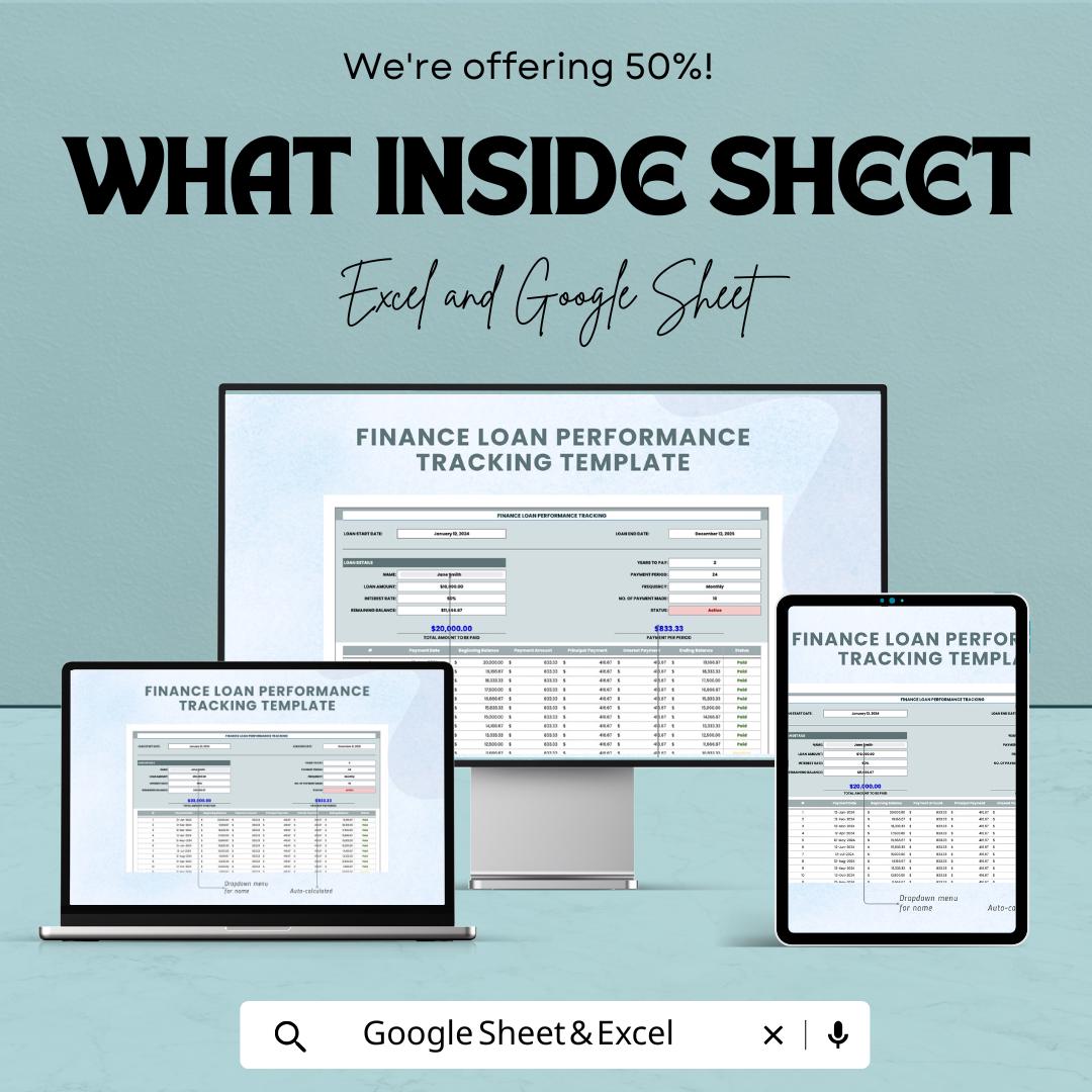 Finance Loan Performance Tracking Template | Loan Tracker Spreadsheet | Loan Payment Monitoring | Finance Management Tool