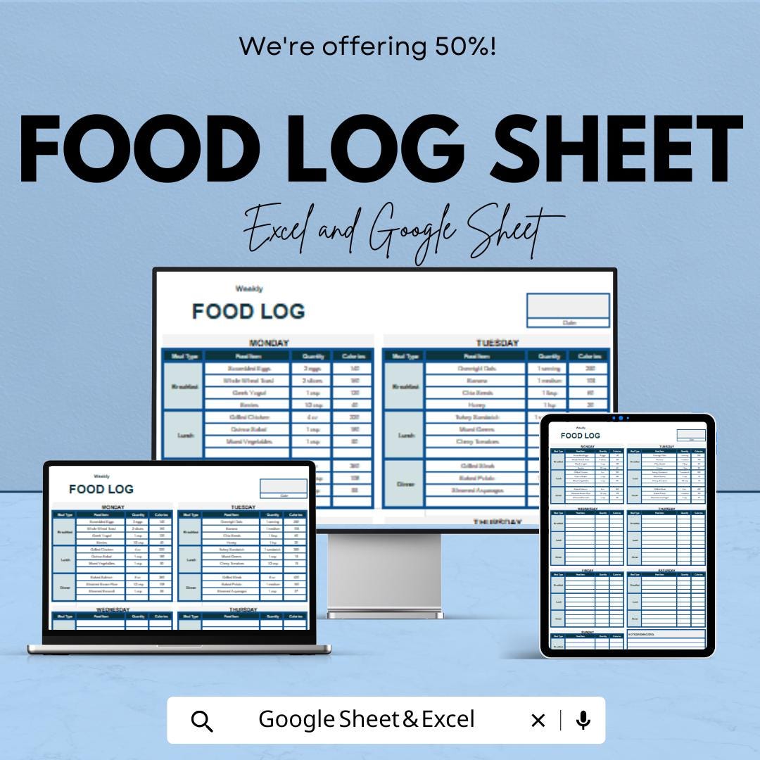 Weekly Food Log Sheet | Google Sheet and Excel | Meal Tracker | Calorie & Nutrition Journal | Weight Loss Planner | Diet Tracking Template
