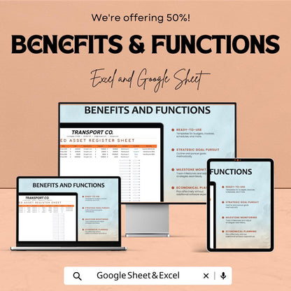 Transport and Logistics Fixed Asset Register Template | Asset Tracking Spreadsheet | Fleet and Equipment Register | Excel and Google Sheets
