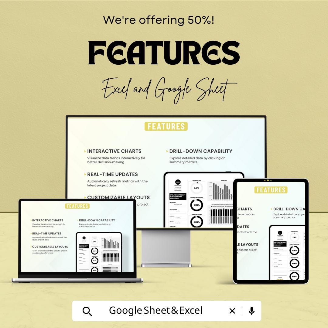 Operations Project Quality Metrics Dashboard Template, Project KPI Tracker, Quality Performance Dashboard, Operations Analytics
