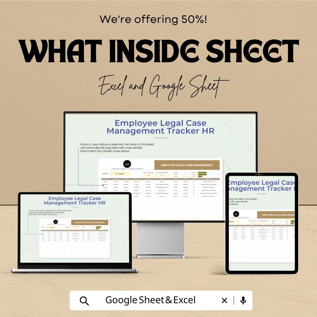 Employee Legal Case Tracker HR Template, HR Case Management Spreadsheet, Employee Dispute Log, Excel and Google Sheets HR Tool